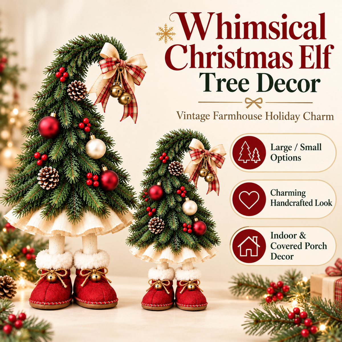 Whimsical Christmas Elf Tree Decor with Red Boots – Farmhouse Holiday Tabletop Accent