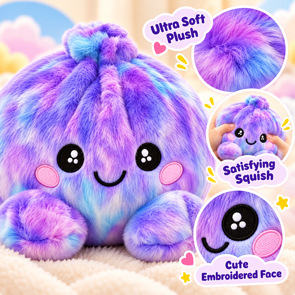 Rainbow Dumpling Plush Squishy with Bamboo-Style Steamer Basket – 8 Adorable Colors, Cute Stuffed Toy & Gift