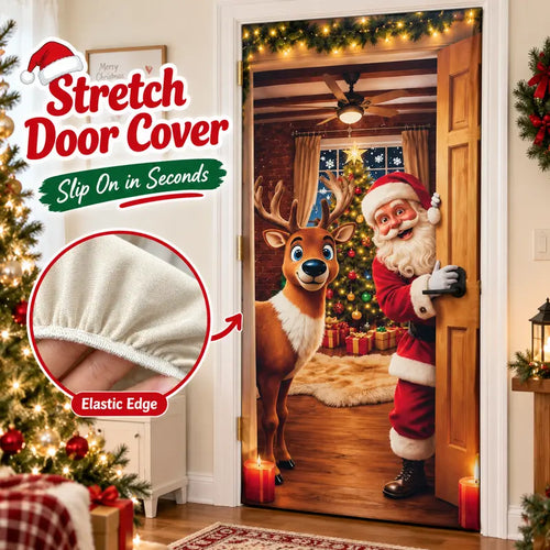 Stretch Christmas Door Cover – Santa & Reindeer Slip-On Door Decoration with 4-Side Elastic Edge
