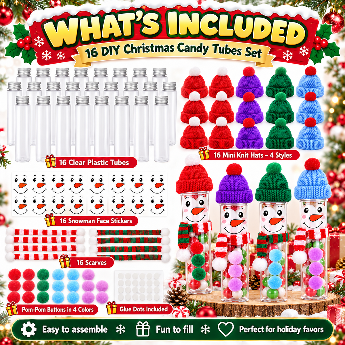 16-Pack DIY Snowman Candy Tubes – Christmas Treat Containers with Mini Hats, Scarves & Craft Decorations