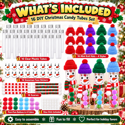 16-Pack DIY Snowman Candy Tubes – Christmas Treat Containers with Mini Hats, Scarves & Craft Decorations