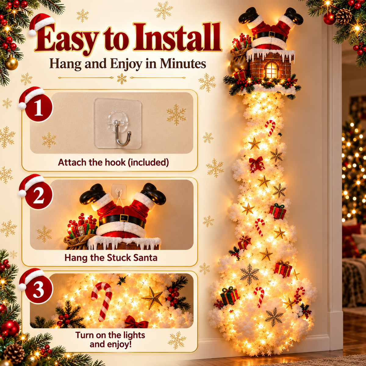 Stuck Santa Lighted Christmas Wall Tree – 4.9 FT Upside-Down Santa Chimney Decor