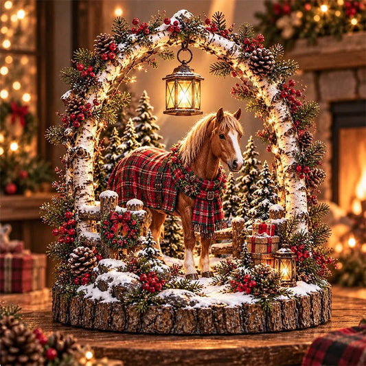🐴🎄 Escena de farol navideño con caballos – Decoración de mesa estilo granja para un invierno acogedor