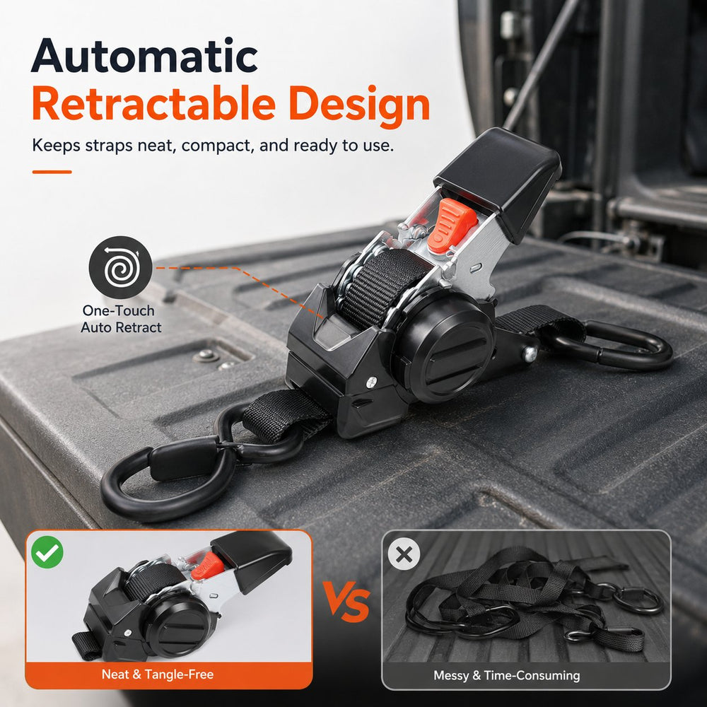 Automatic retractable strap mechanism and compact storage comparison