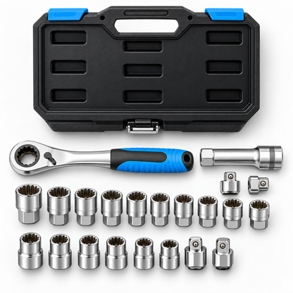 Universal Pass-Thru Socket & Ratchet Set – 16-Piece, 42 Fastener Sizes, SAE/Metric/TORX/Spline