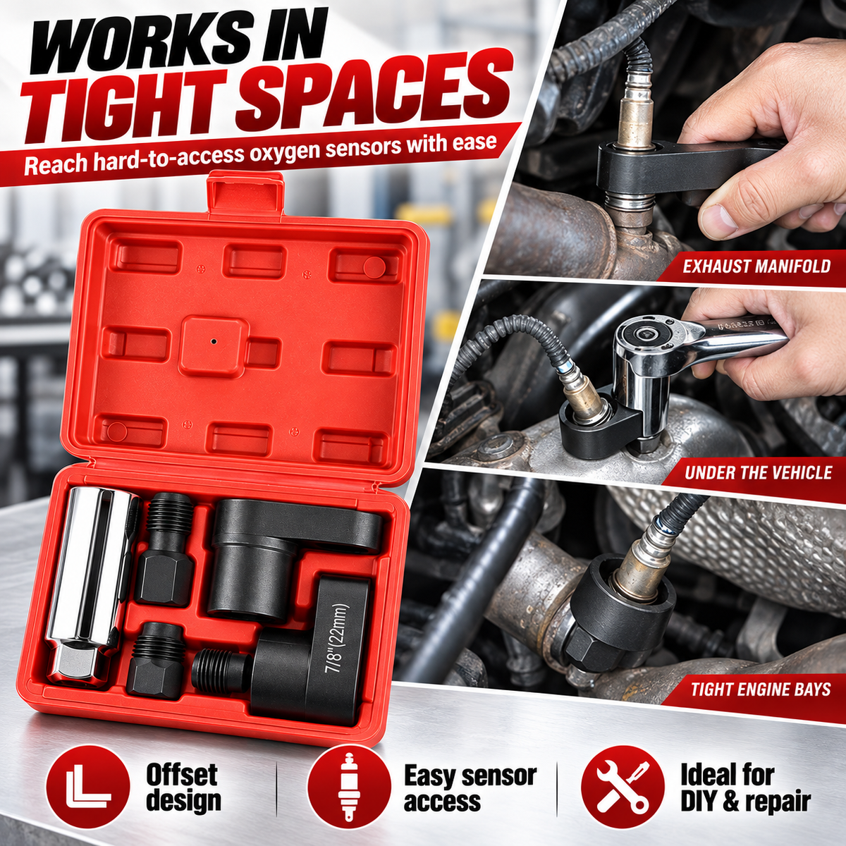 Hot sales🔥5-Piece O2 Sensor Socket & Thread Chaser Set – 22mm / 7/8", 3/8" & 1/2" Drive Oxygen Sensor Removal Tool Kit