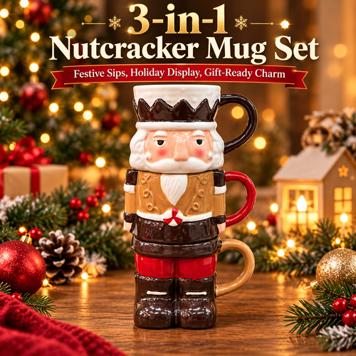 3-Piece Stackable Nutcracker Christmas Mug Set – Festive Holiday Coffee Cups & Kitchen Decor