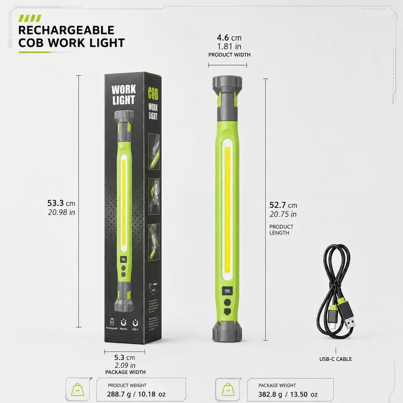Rechargeable COB Work Light – Magnetic 360° Rotating LED Inspection Light with Hook, Clamp & USB-C Charging