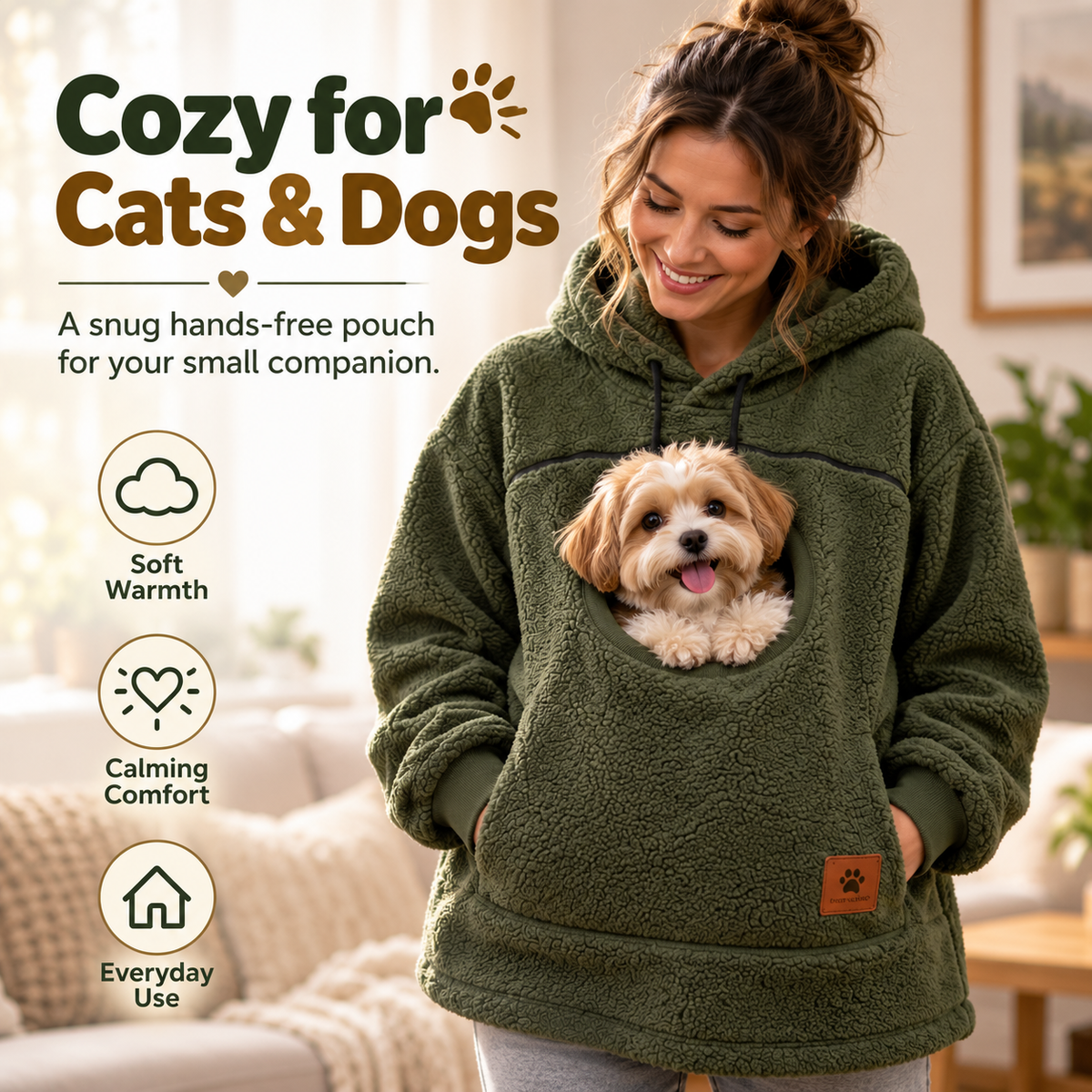 Sherpa Pet Carrier Hoodie with Cozy Kangaroo Pouch for Small Cats & Dogs