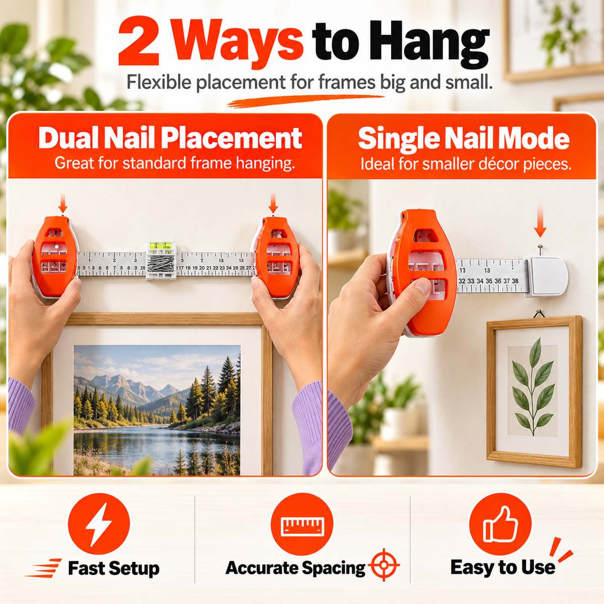 All-in-One Picture Hanging Tool with Level & Ruler – Dual Nail Positioning Frame Alignment Guide