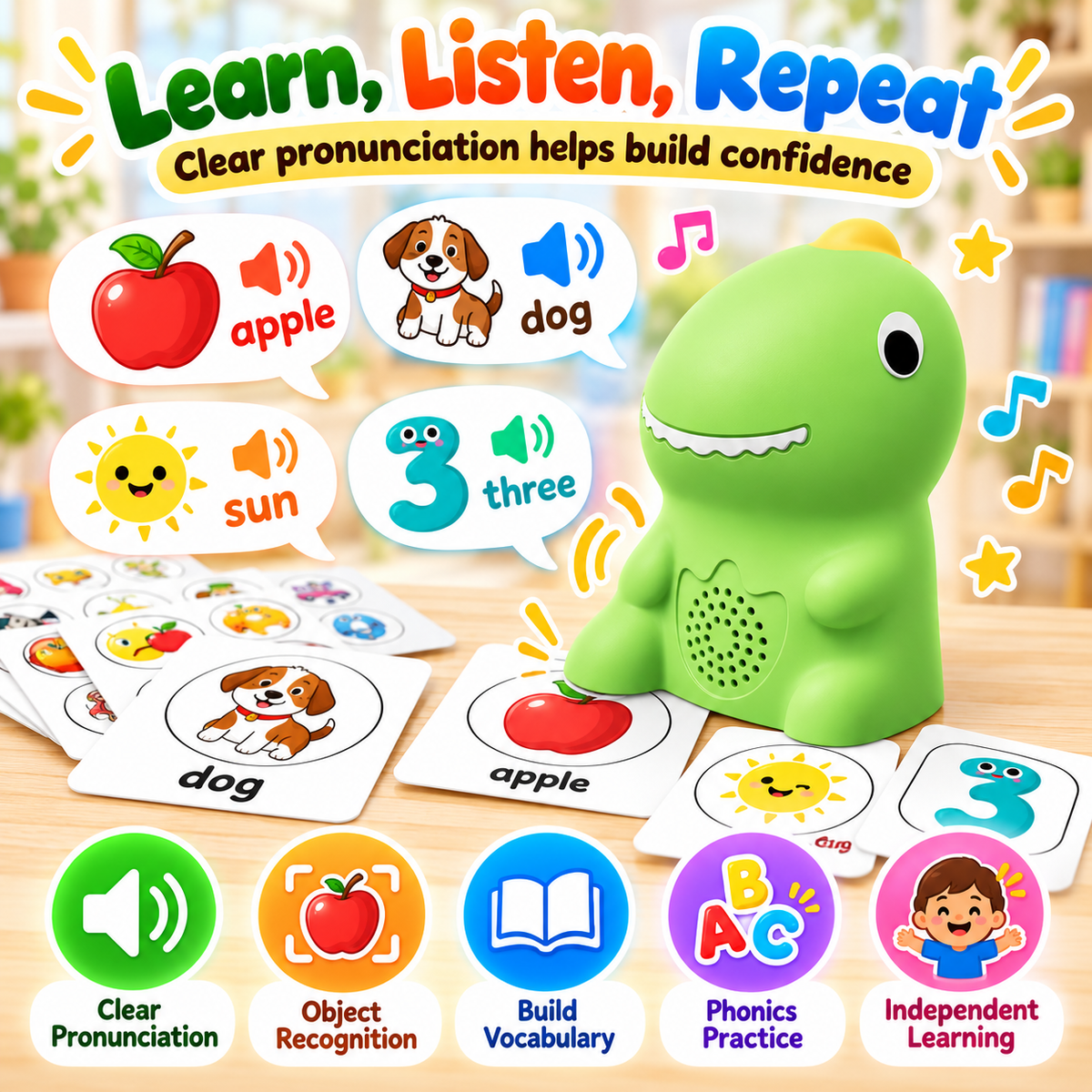 Dinosaur Talking Learning Pen with Phonics Cards – Screen-Free ABC, 123, Sight Words & Vocabulary Learning Toy for Kids