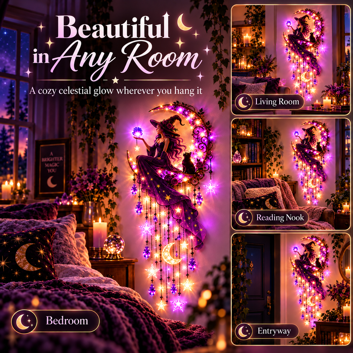 Witch Moon Starfall Wall Light – Purple Celestial Witch Decor with Crescent Moon, Stars & Crystal Accents
