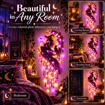 Witch Moon Starfall Wall Light – Purple Celestial Witch Decor with Crescent Moon, Stars & Crystal Accents