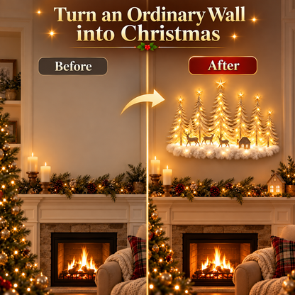🌲 Lighted Winter Woodland Forest Wall Decor – Warm LED Christmas Tree, Deer & Cottage Scene