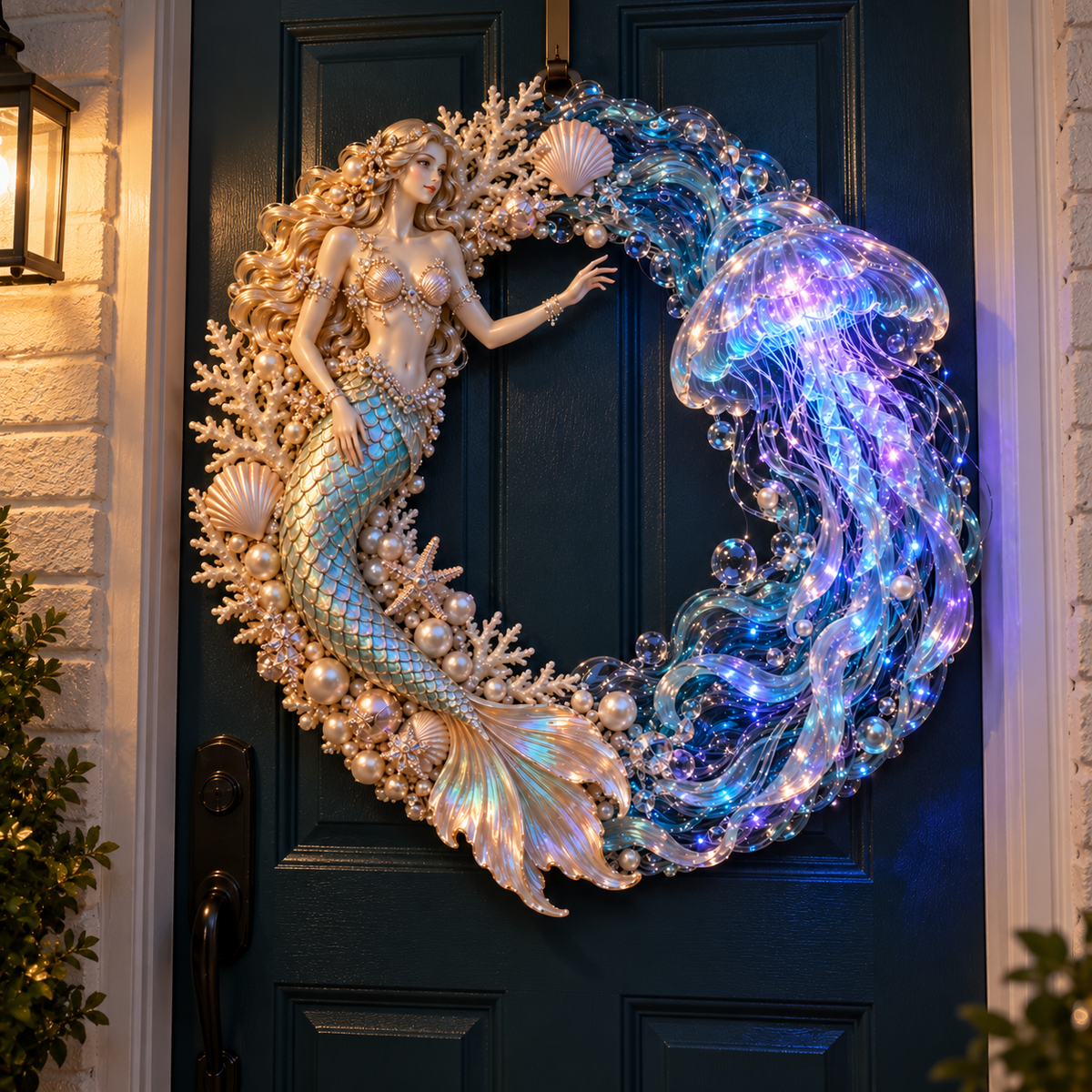 🔥Last Day 50% OFF-🧜‍♀️🌊 Mermaid Moonlight Wreath | Glowing Jellyfish & Ocean Decor ✨