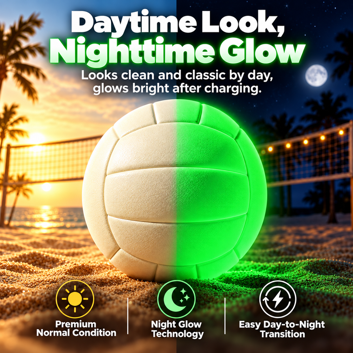 Glow-in-the-Dark Volleyball – Size 5 Light-Charged Night Volleyball for Beach, Backyard & Outdoor Play