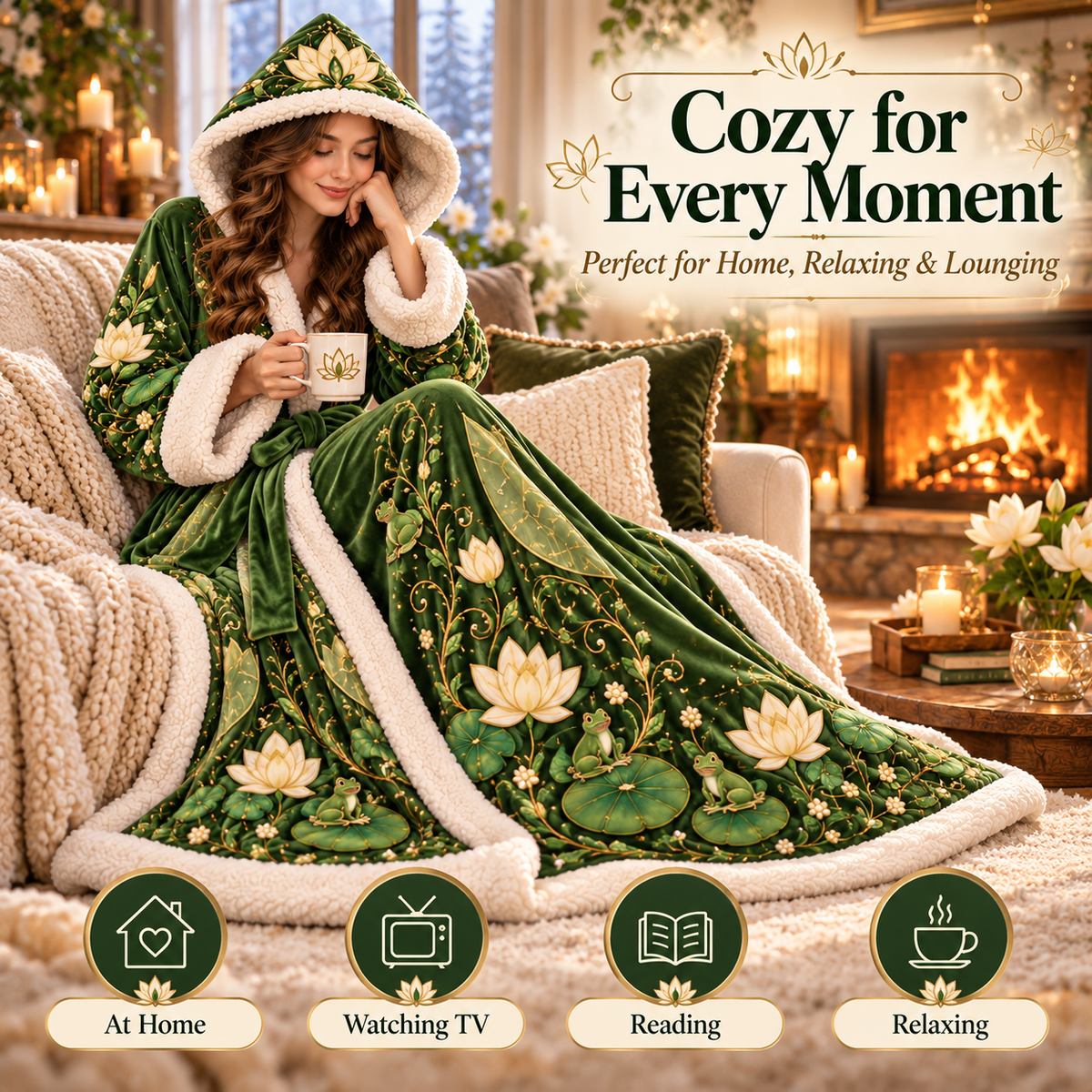 Lotus Garden USB Heated Hooded Robe – Plush Full-Length Wearable Warmth for Women
