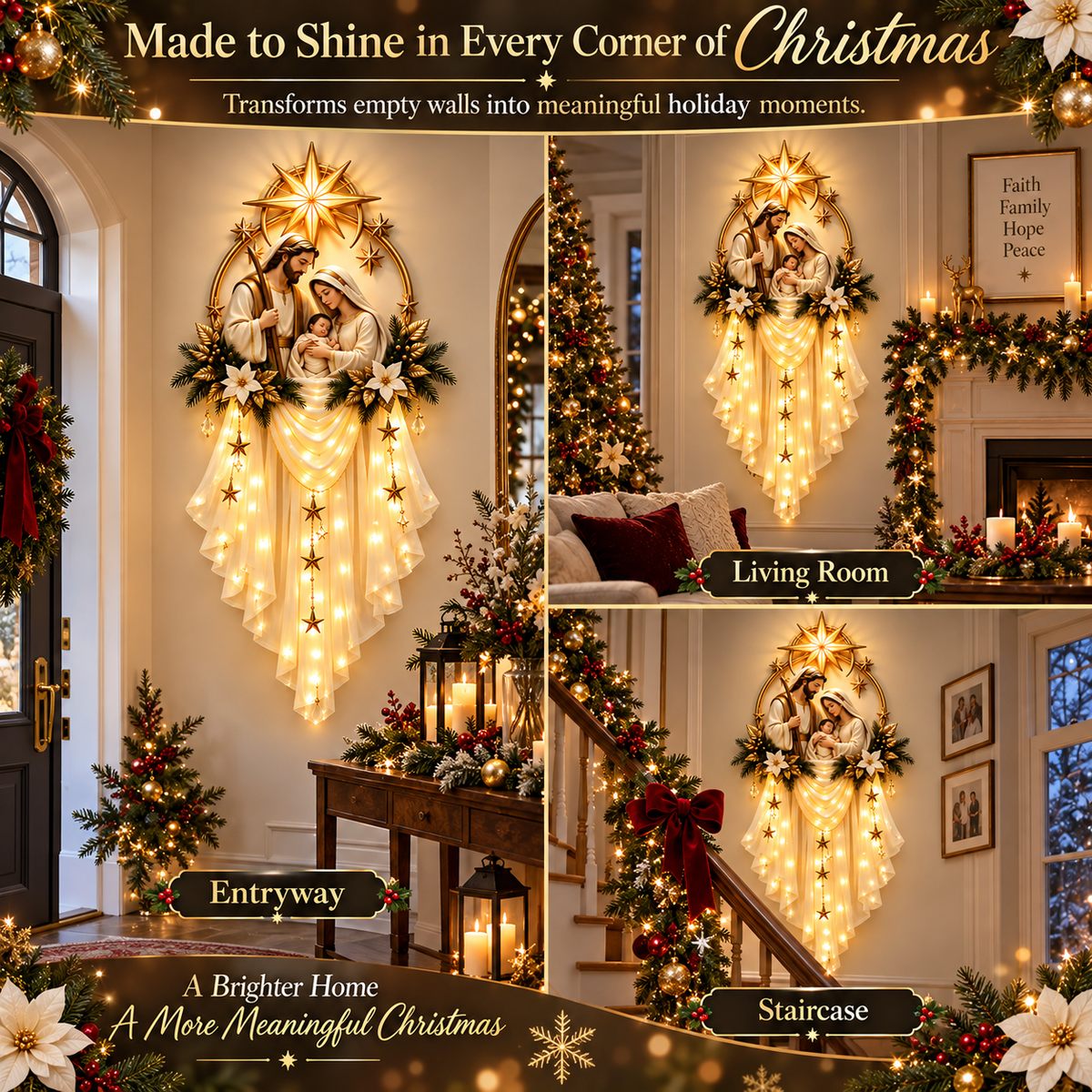 Holy Family Bethlehem Star Wall Light – Lighted Nativity Christmas Wall Decor