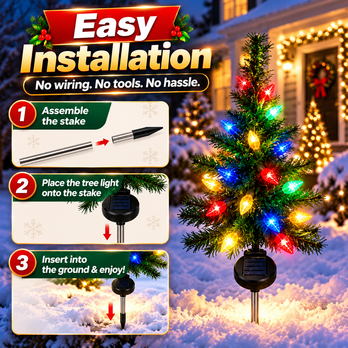 4-Pack Solar Christmas Tree Pathway Lights – 27.6" Pre-Lit Multicolor Outdoor Holiday Yard Stakes with Auto On/Off Sensor