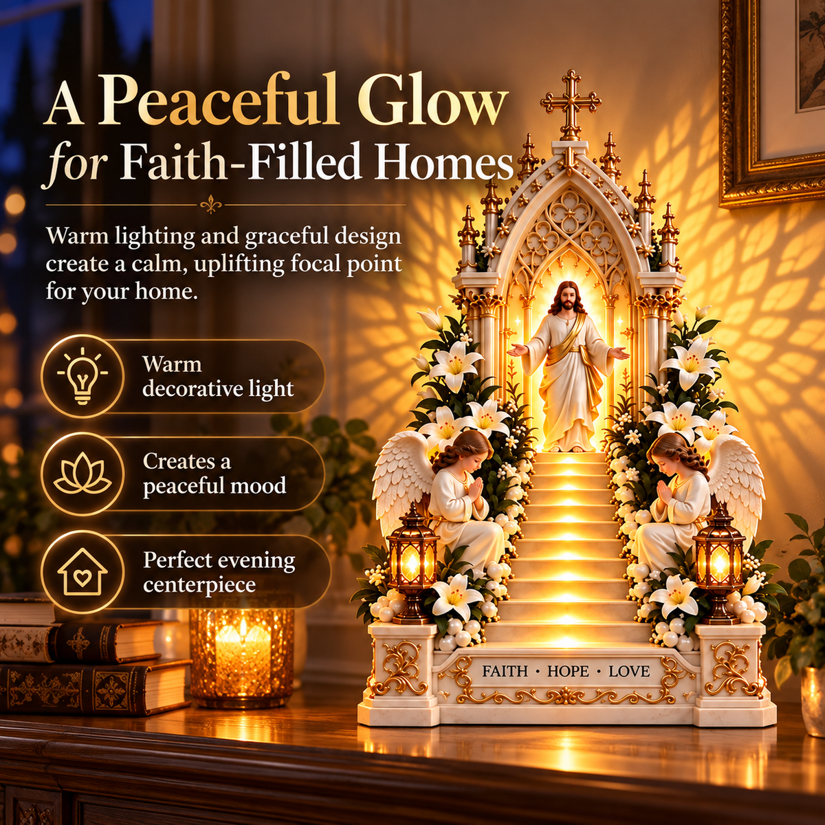 Jesus Stairway Angel Wing Projection Light – Faith Hope Love Illuminated Christian Tabletop Decor