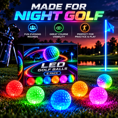 Impact-Activated LED Golf Balls 6-Pack – Multicolor Light-Up Golf Balls for Night Golf