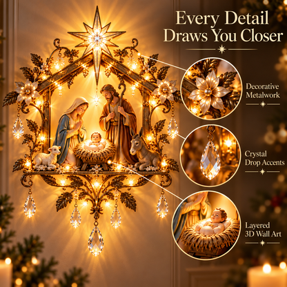 Bethlehem Nativity Glow Lighted Wall Decor – 3D Holy Family Christmas Wall Art with Warm Star Glow