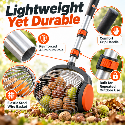 Telescopic Nut Gatherer Roller – Foot-Release Walnut & Acorn Picker with Side-Opening Basket