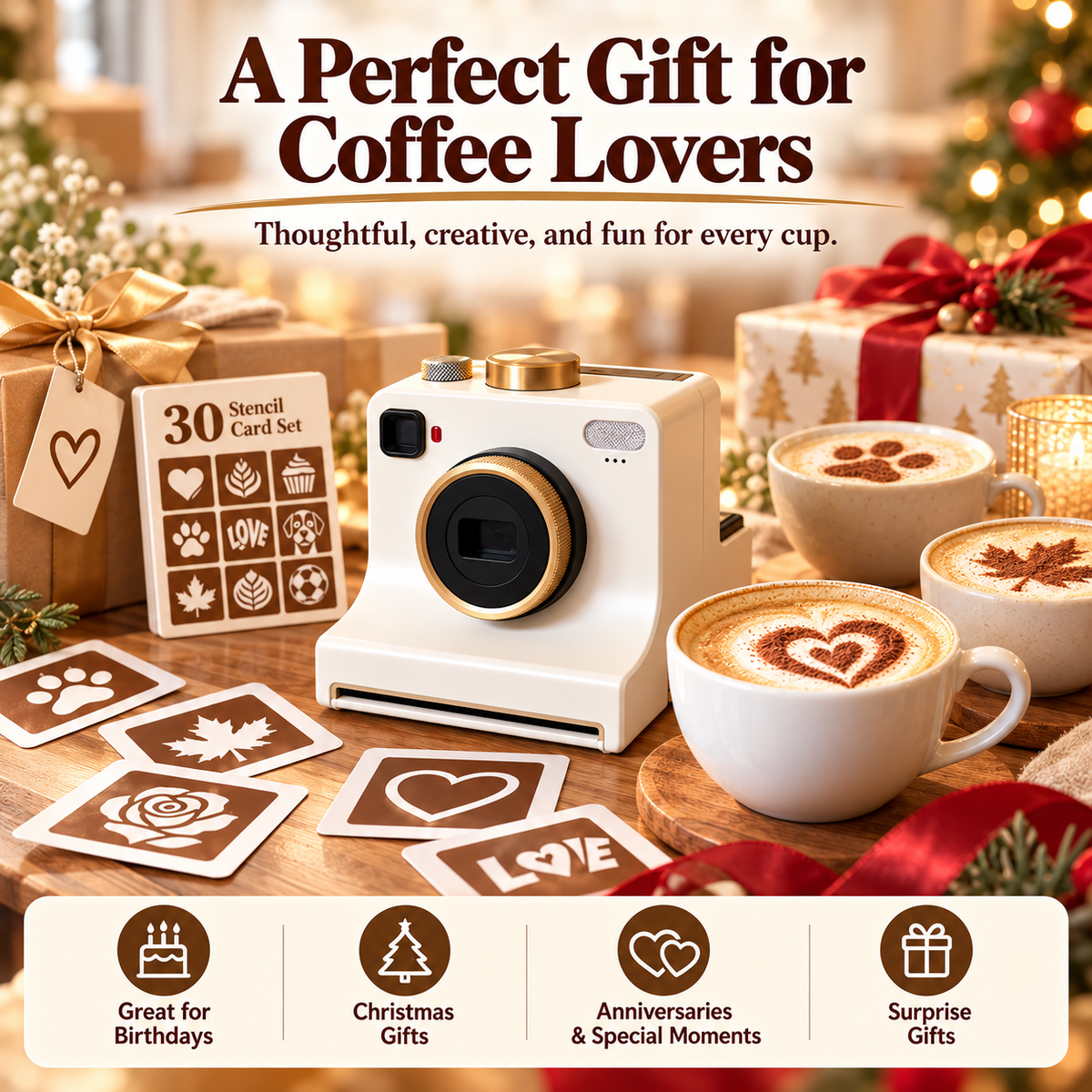 Rechargeable Coffee Art Printer – 30-Design Latte Stencil Maker for Cappuccino, Matcha & Hot Chocolate