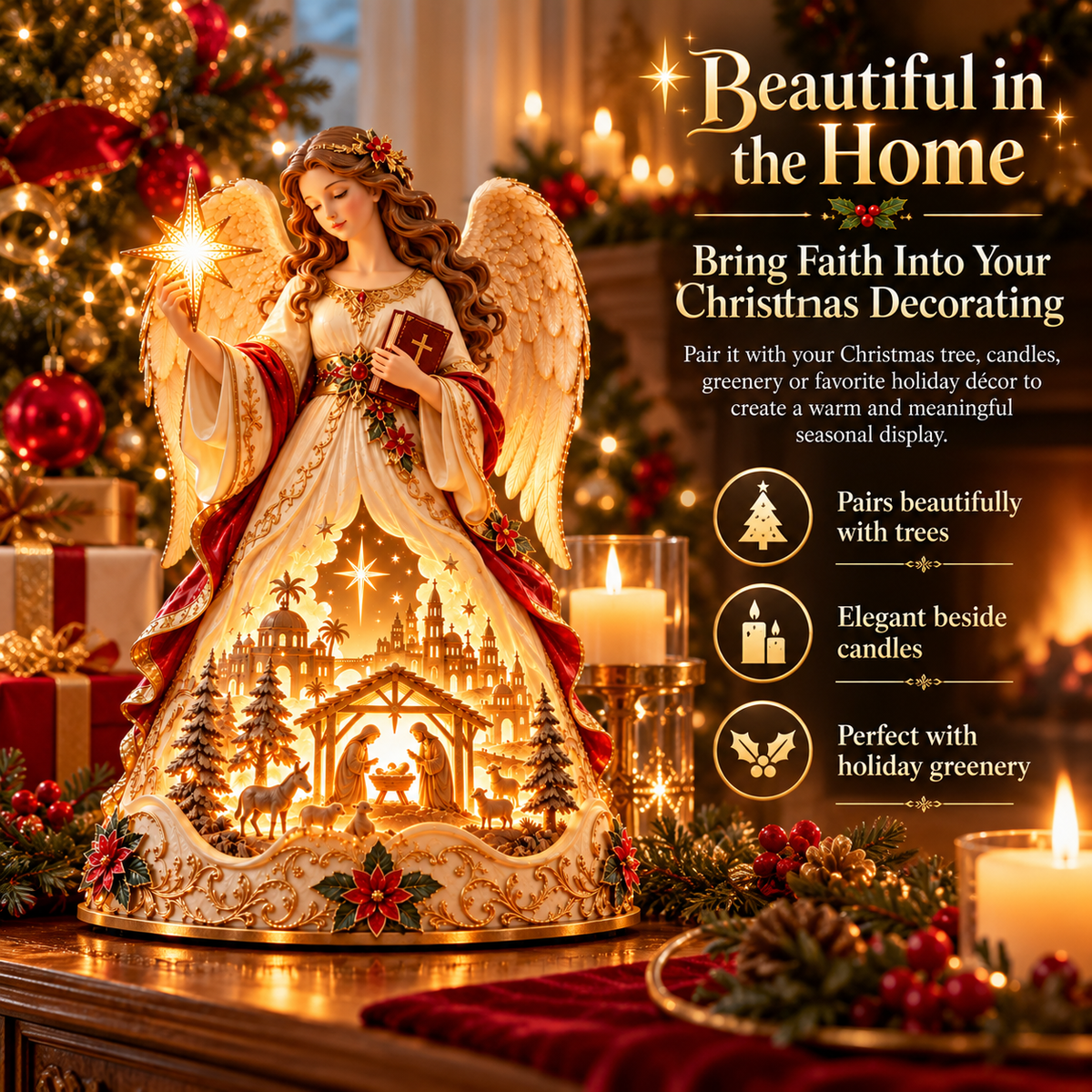 Lighted Christmas Angel Nativity Figurine – Bethlehem Star & Holy Family Tabletop Decor with Warm Golden Glow