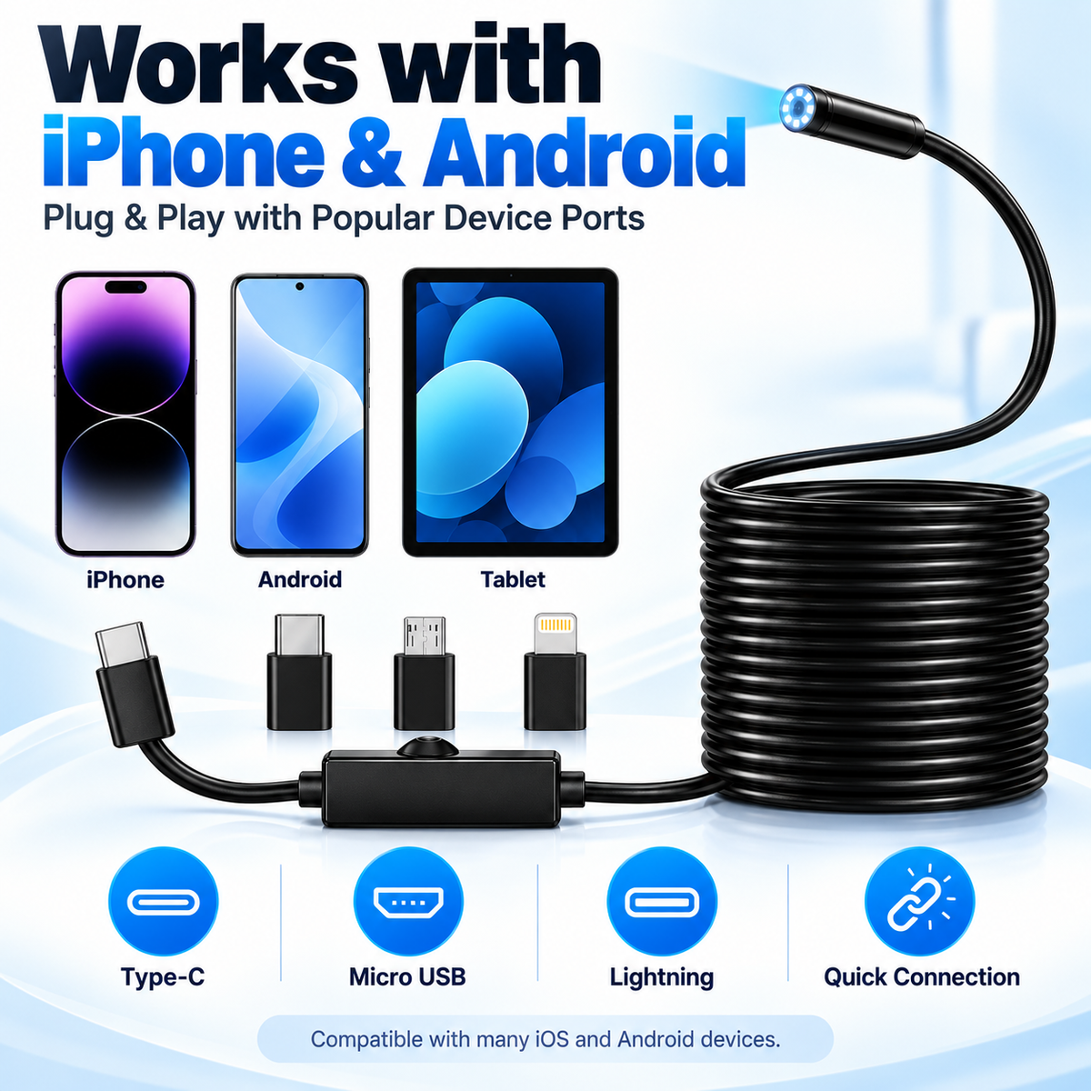 1920×1440 HD Endoscope Camera – 11.48FT Semi-Rigid Borescope with 8 LED Lights for iPhone & Android
