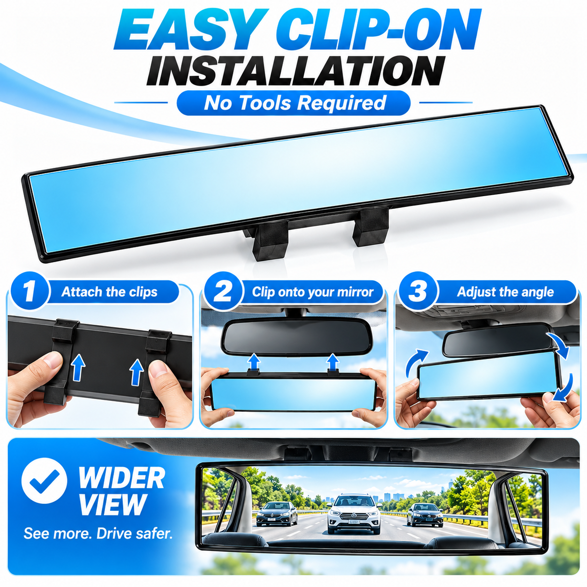12-Inch HD Convex Panoramic Rearview Mirror – Clip-On Wide-Angle Car Mirror with Anti-Glare Glass & Anti-Slip Clips
