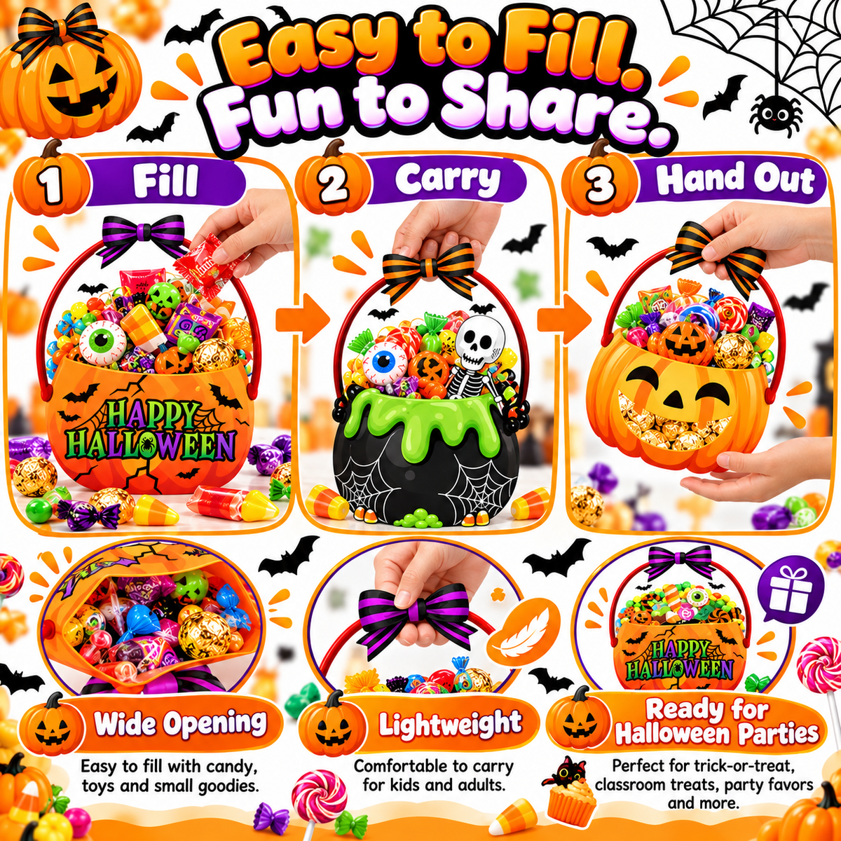 24-Pack Halloween Trick or Treat Goodie Bags – 6 Assorted Pumpkin, Witch, Skeleton & Black Cat Designs