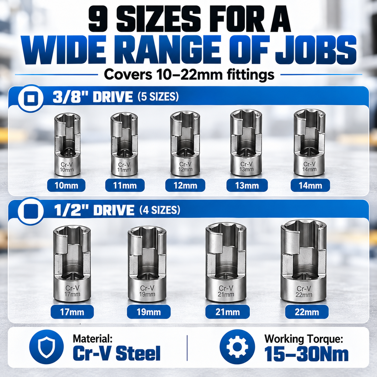 9-Piece Injector & Sensor Line Socket Set – 10–22mm Open-Side Cr-V Sockets, 3/8" & 1/2" Drive