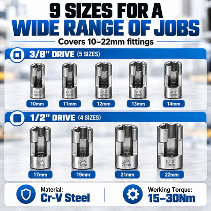 9-Piece Injector & Sensor Line Socket Set – 10–22mm Open-Side Cr-V Sockets, 3/8" & 1/2" Drive