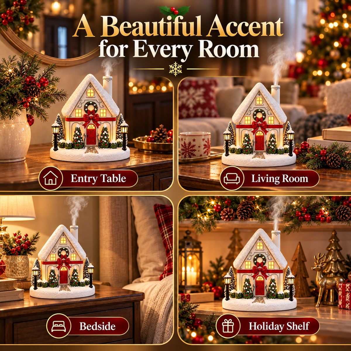 Christmas House Aroma Diffuser – Light-Up Holiday Humidifier with Chimney Mist & Warm Window Glow