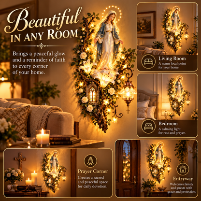 Blessed Mother Lighted Wall Décor – Virgin Mary 3D Religious Wall Art with Warm Ambient Glow & Floral Details