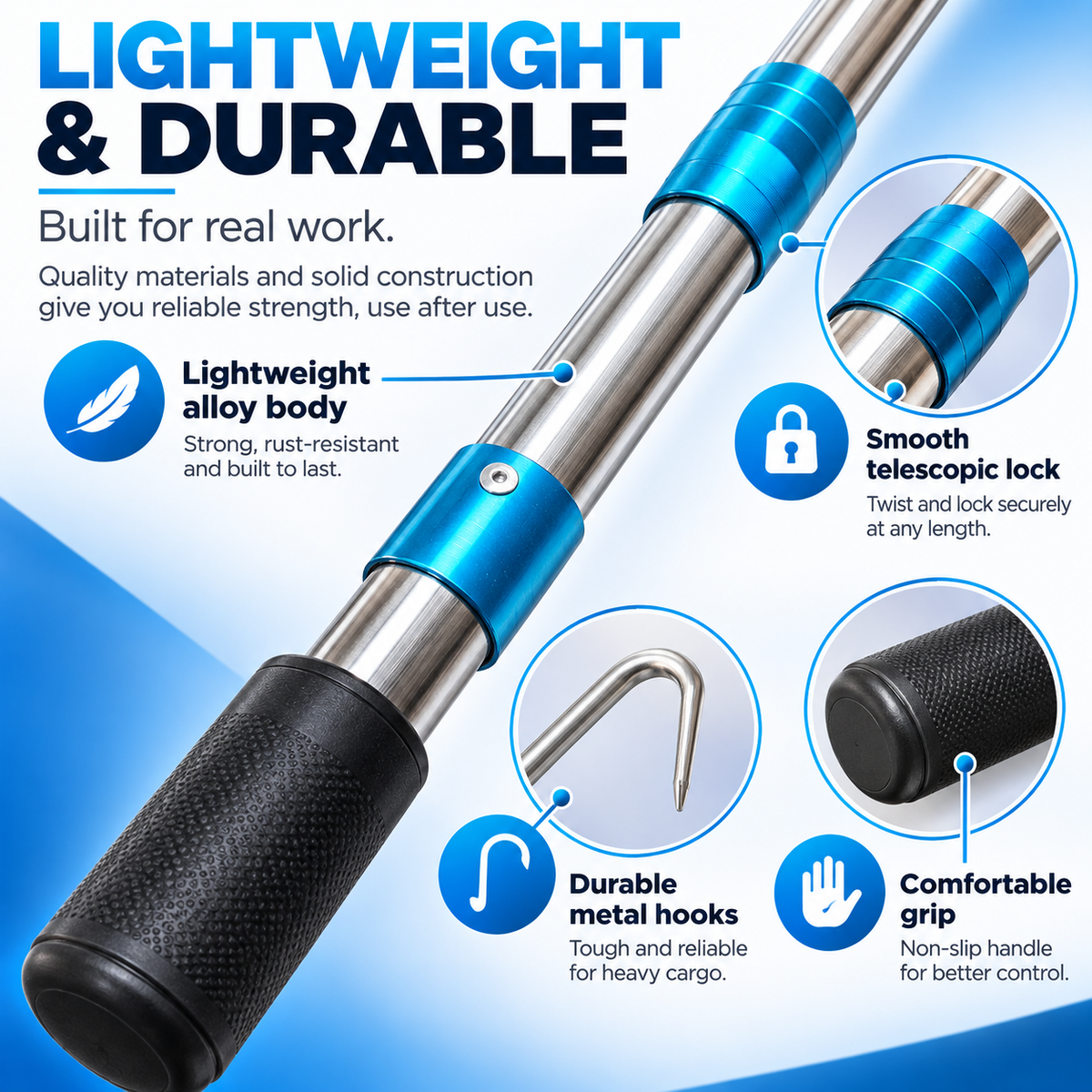 6.3 Ft Telescopic Cargo Grabber & Retriever – Adjustable Dual-Hook Pulling Tool for Pickup Trucks, Boats & Garages