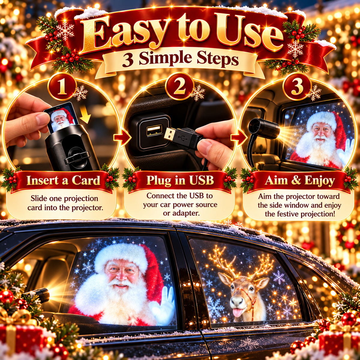 20-Pattern Christmas Car Window Projector – USB Powered Holiday Light with 360° Flexible Neck