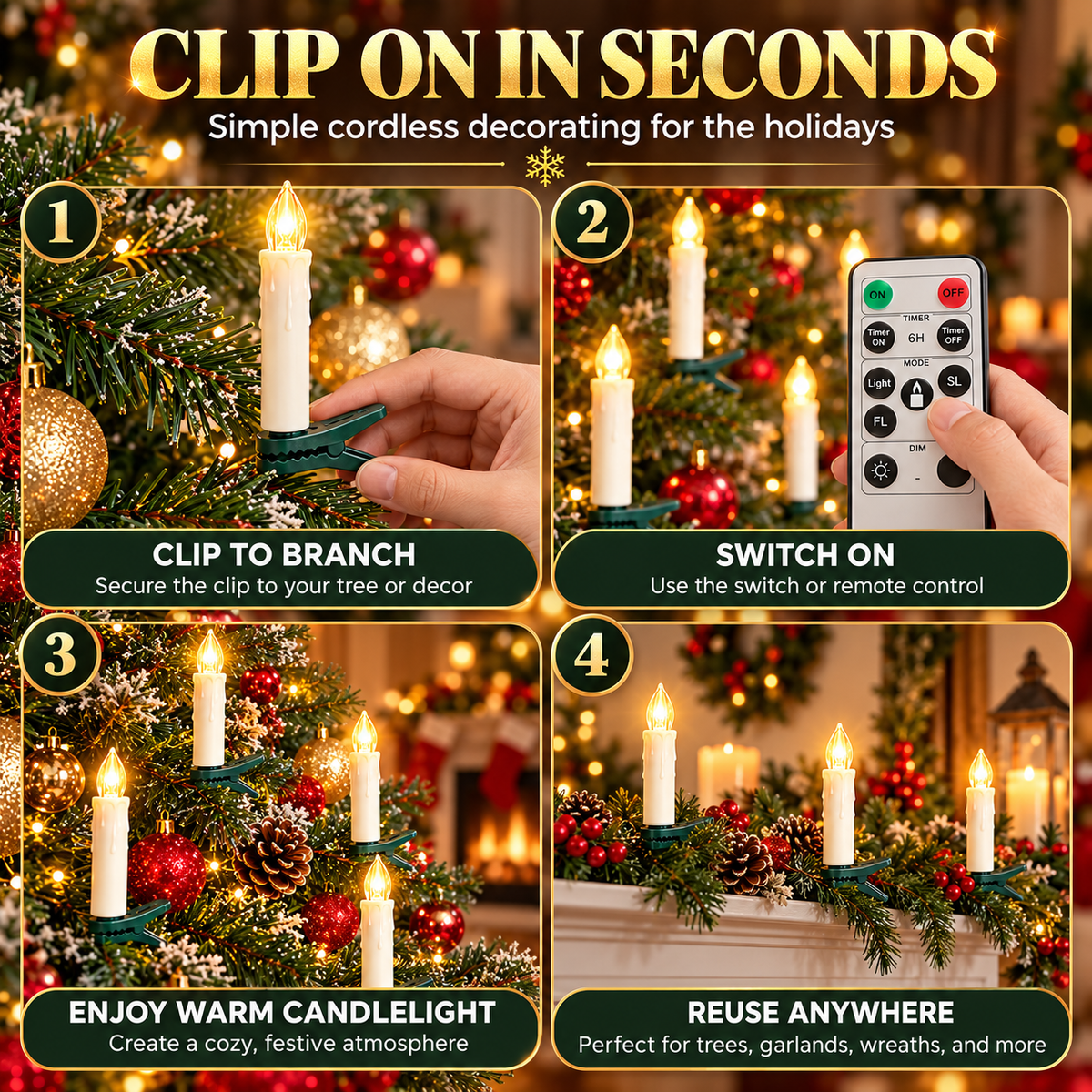 10-Pack Flameless Christmas Candle Clip Lights – Remote-Controlled Dimmable LED Tree Candles with Timer & Flickering Mode