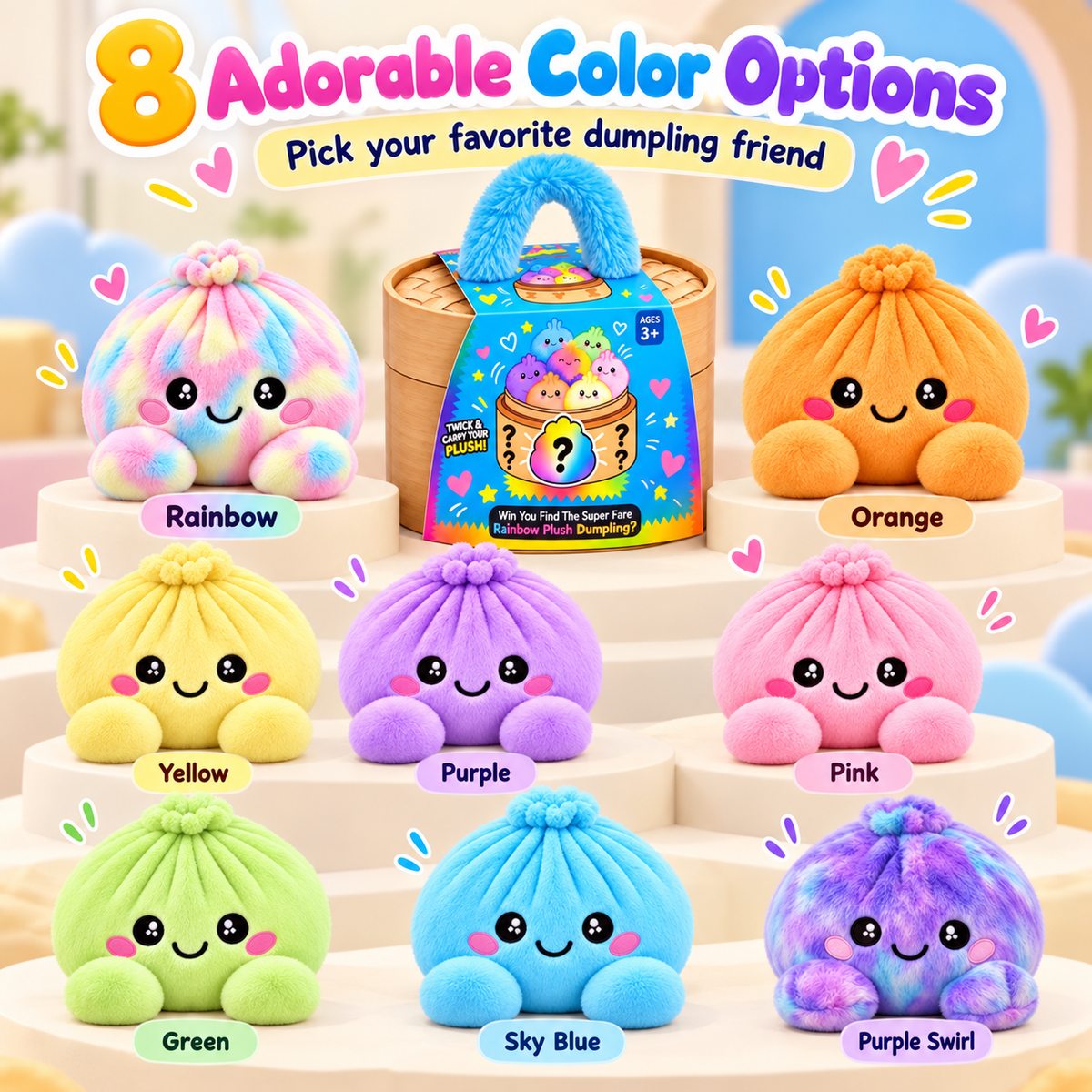 Rainbow Dumpling Plush Squishy with Bamboo-Style Steamer Basket – 8 Adorable Colors, Cute Stuffed Toy & Gift