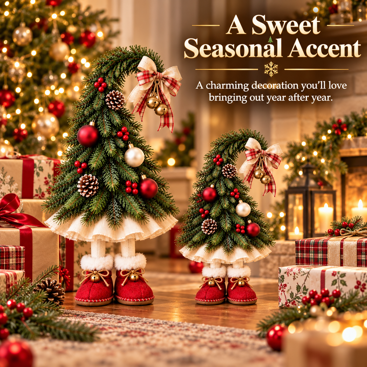 Whimsical Christmas Elf Tree Decor with Red Boots – Farmhouse Holiday Tabletop Accent