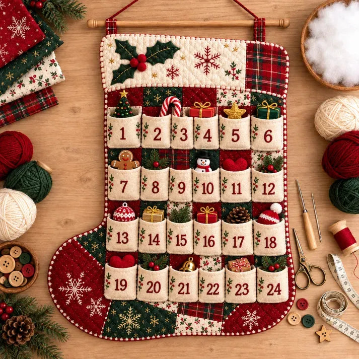 🎄🧵DIY Christmas Advent Calendar Sewing Kit – 24-Pocket Patchwork Quilted Wall Hanging, Handmade Countdown Holiday Decor, 5 Designs