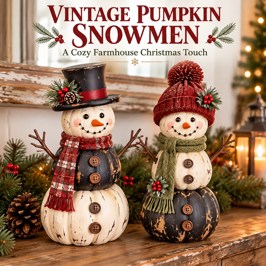 2-Pcs Vintage Pumpkin Snowman Christmas Decor – Rustic Farmhouse Snowman Figurines with Plaid Scarves & Winter Hats
