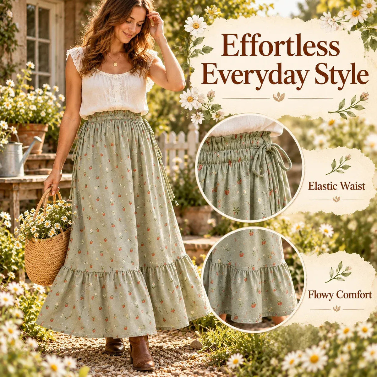 🌸 Boho Floral Maxi Skirt (One Size) – A Little Romance in Every Step