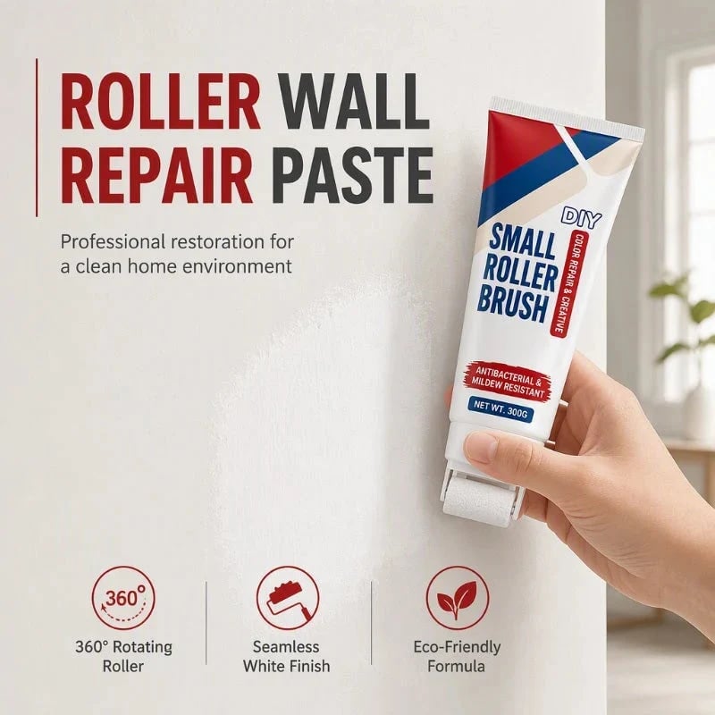 Waterproof white wall repair paste with built-in small roller brush being applied directly to an interior wall