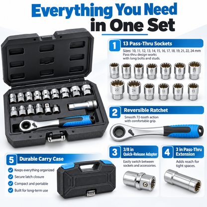 Universal Pass-Thru Socket & Ratchet Set – 16-Piece, 42 Fastener Sizes, SAE/Metric/TORX/Spline