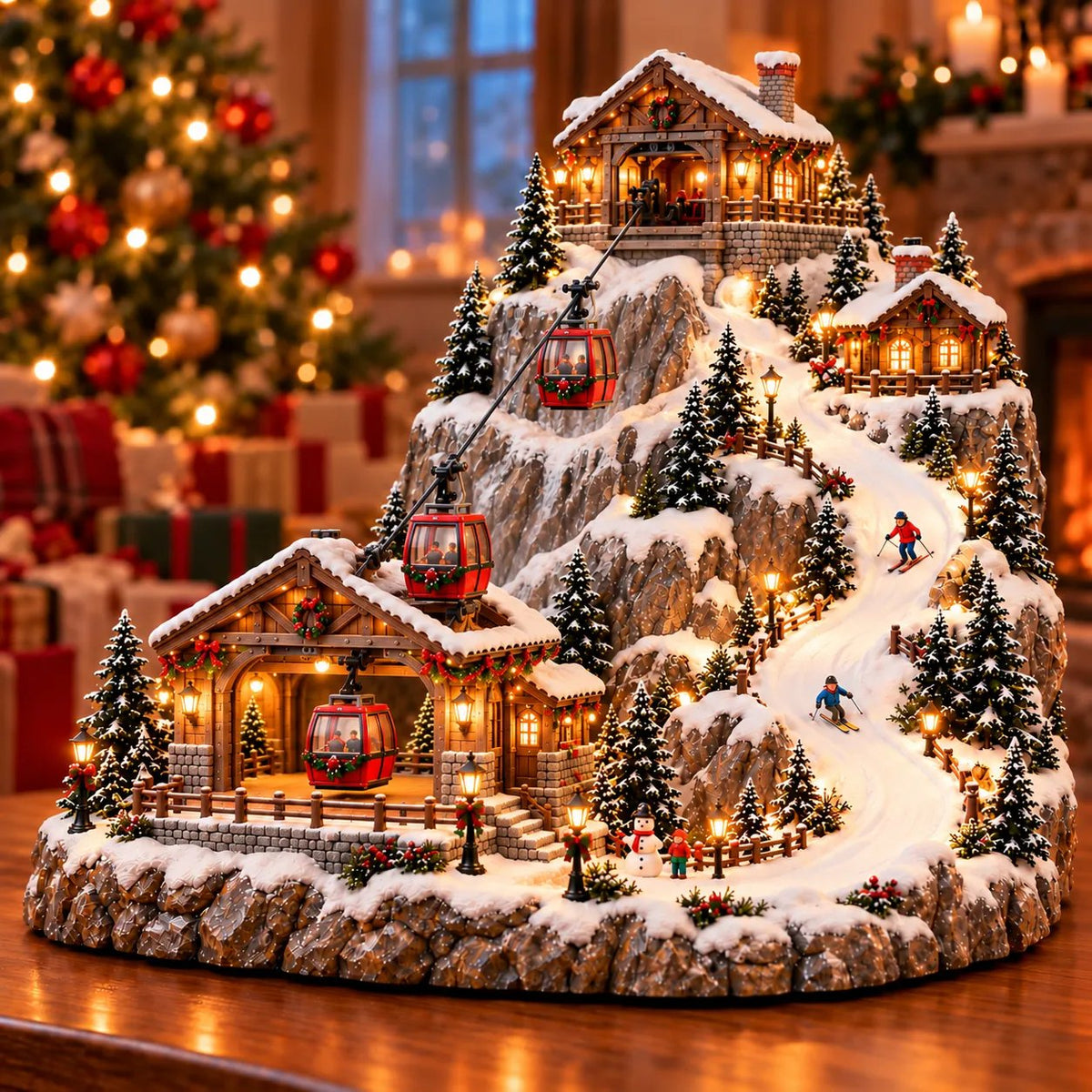 Animated Christmas Mountain Cable Car and Ski Village winter decoration