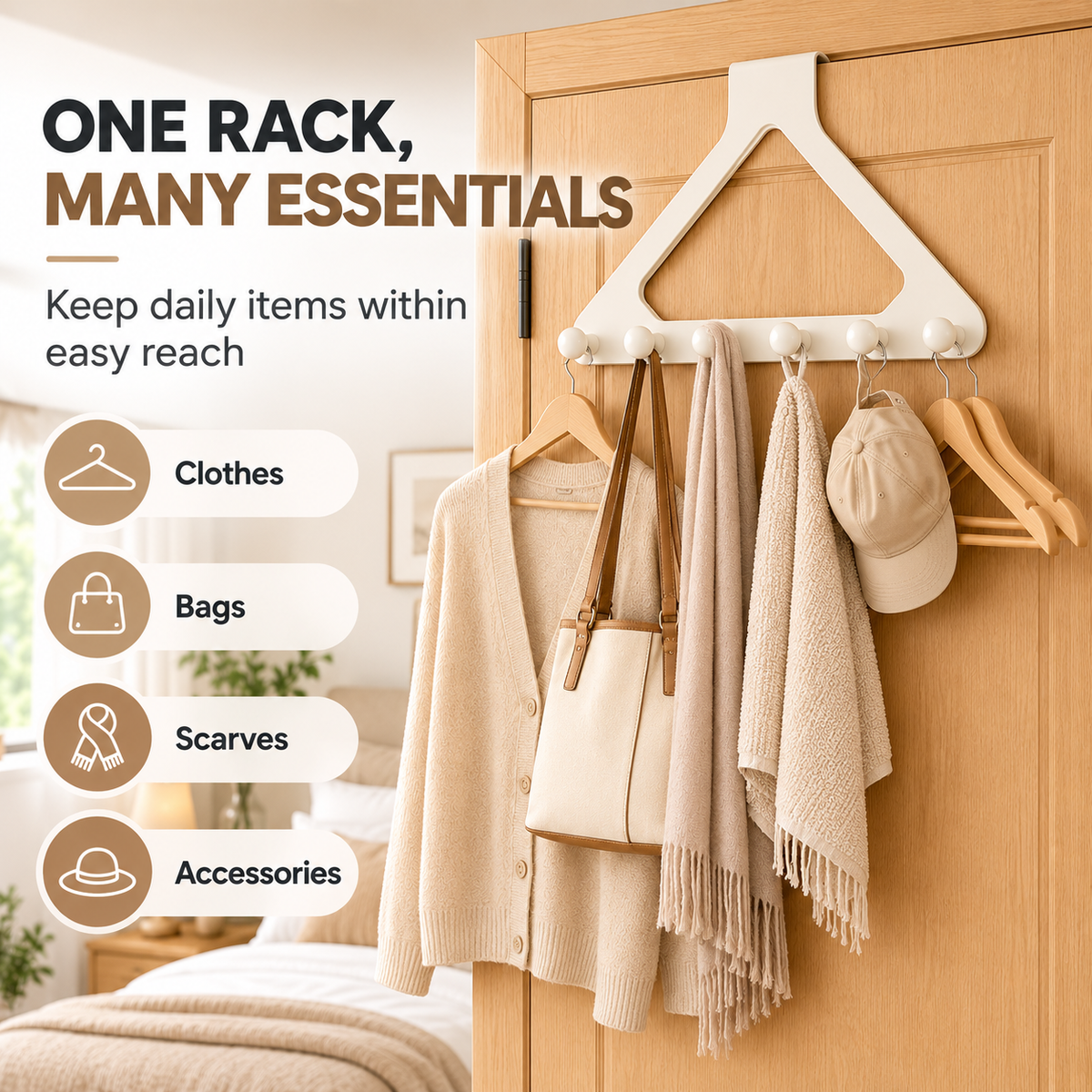 Over-the-Door Triangle Hook Rack – No-Drill 6-Hook Organizer for Clothes, Towels & Bags