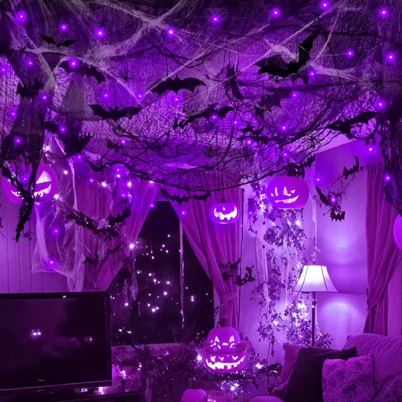 Halloween Spider Web Decorations with 32FT String Lights, 300 sqft Stretch Cobwebs, Black Creepy Cloth, Fake Bats and Spiders for Indoor Outdoor Yard Doorway Entryway Decor