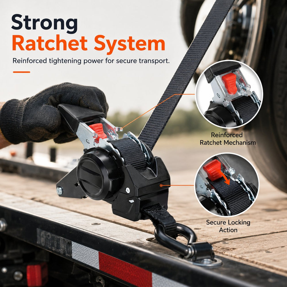 Close-up of retractable ratchet mechanism tightening a cargo strap